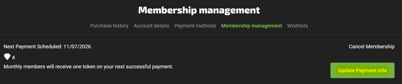 UPDATE PAYMENT INFO button on the Membership Management page