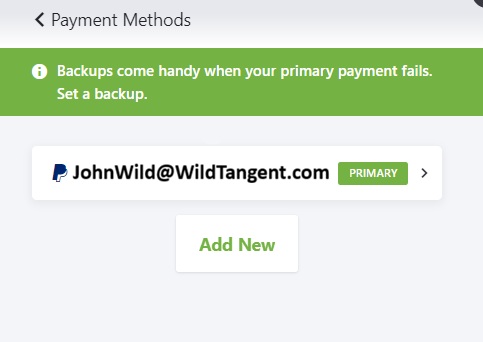 Primary payment method and Add New option