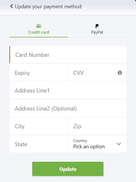 Card details and billing address form