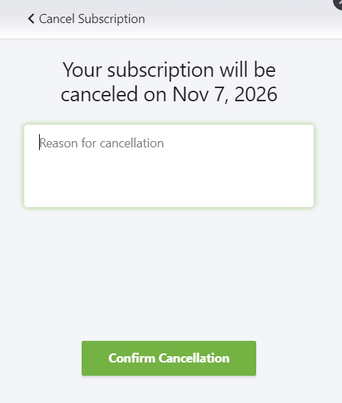 Cancellation reason form and Confirm Cancellation button