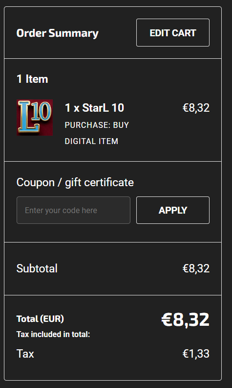Order Summary with the Coupon/Gift Certificate field