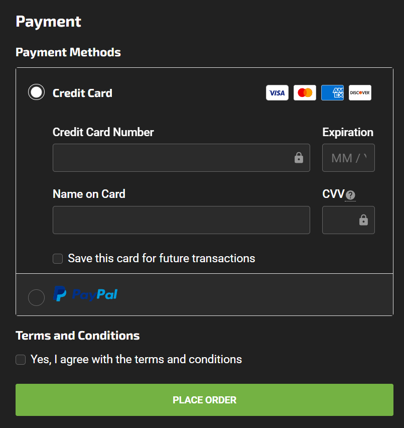 Payment method selection and required checkboxes