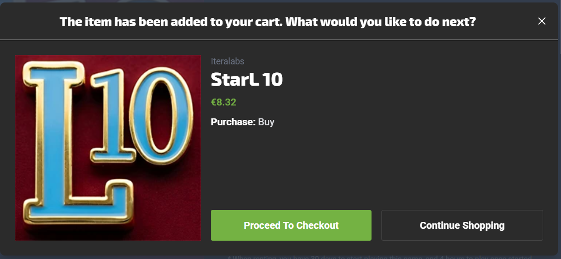 Confirmation that the game was added to your cart