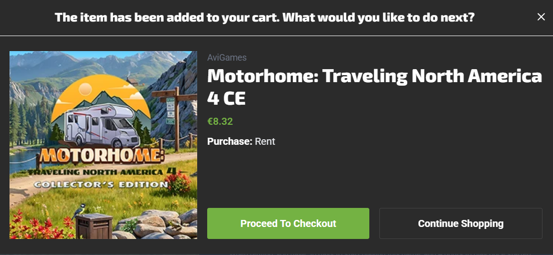 Confirmation that the rental was added to your cart