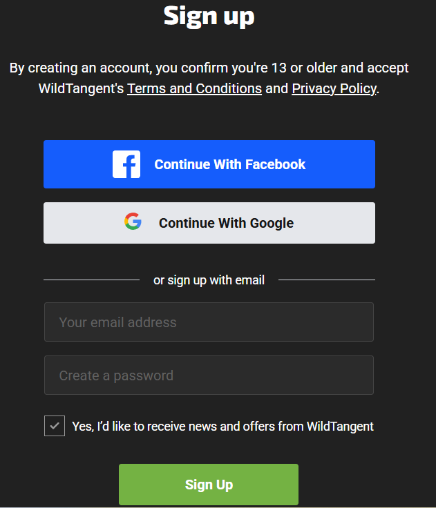 Registration form with email and password fields