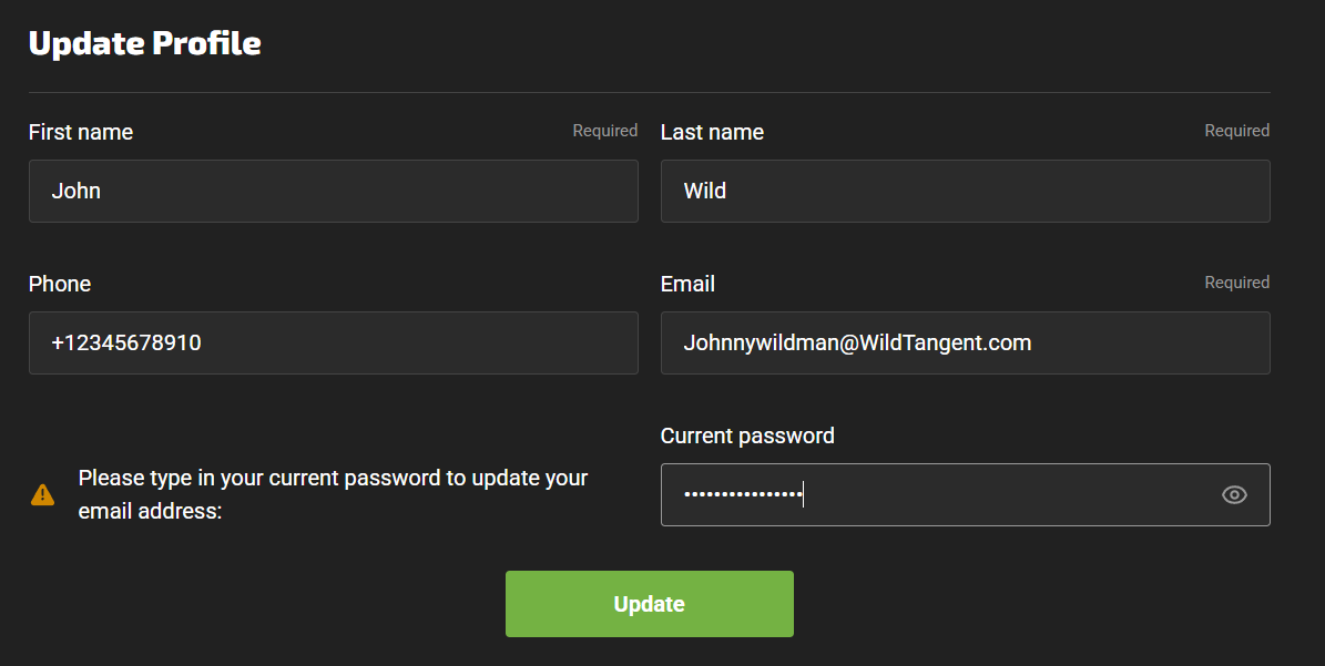 New email address and current password fields