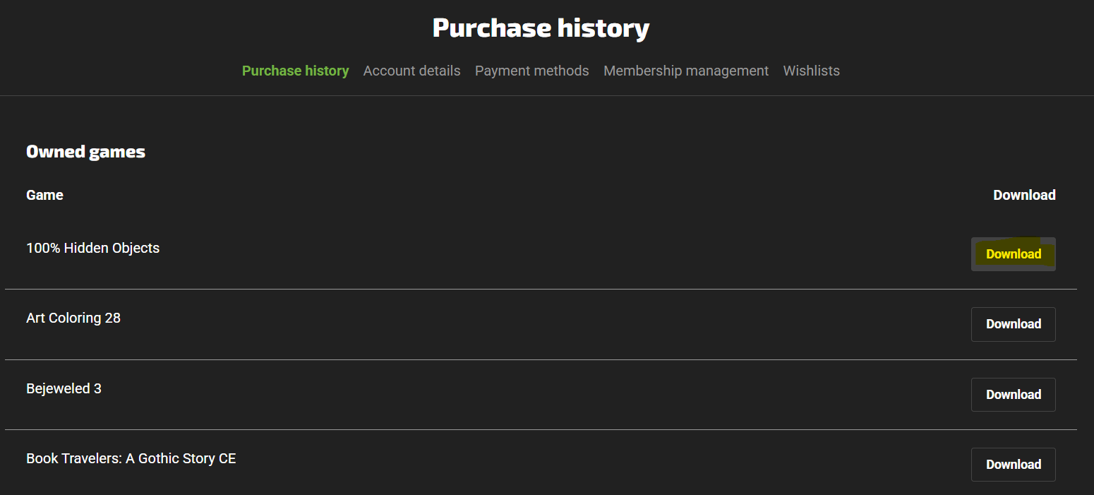 Owned Games list with Download buttons