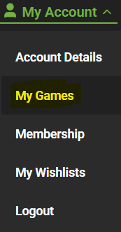 Account menu with My Games selected