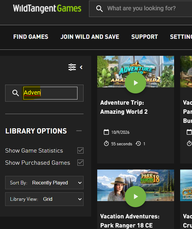 Search results appearing as you type a game title