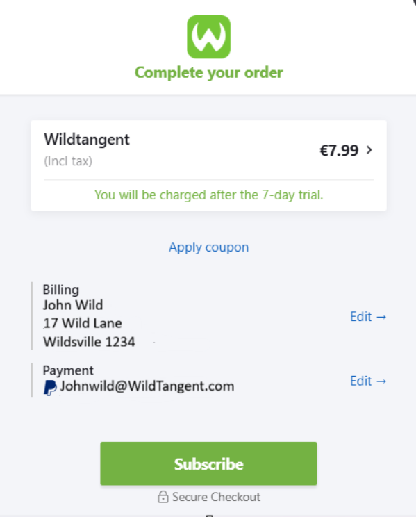 Complete your order page with the Subscribe button