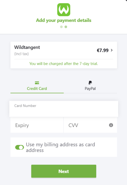Credit card payment details form